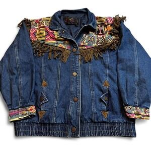 Vintage Andy Johns‎ Aztec Fringed Western Denim Jacket fits women's Medium READ